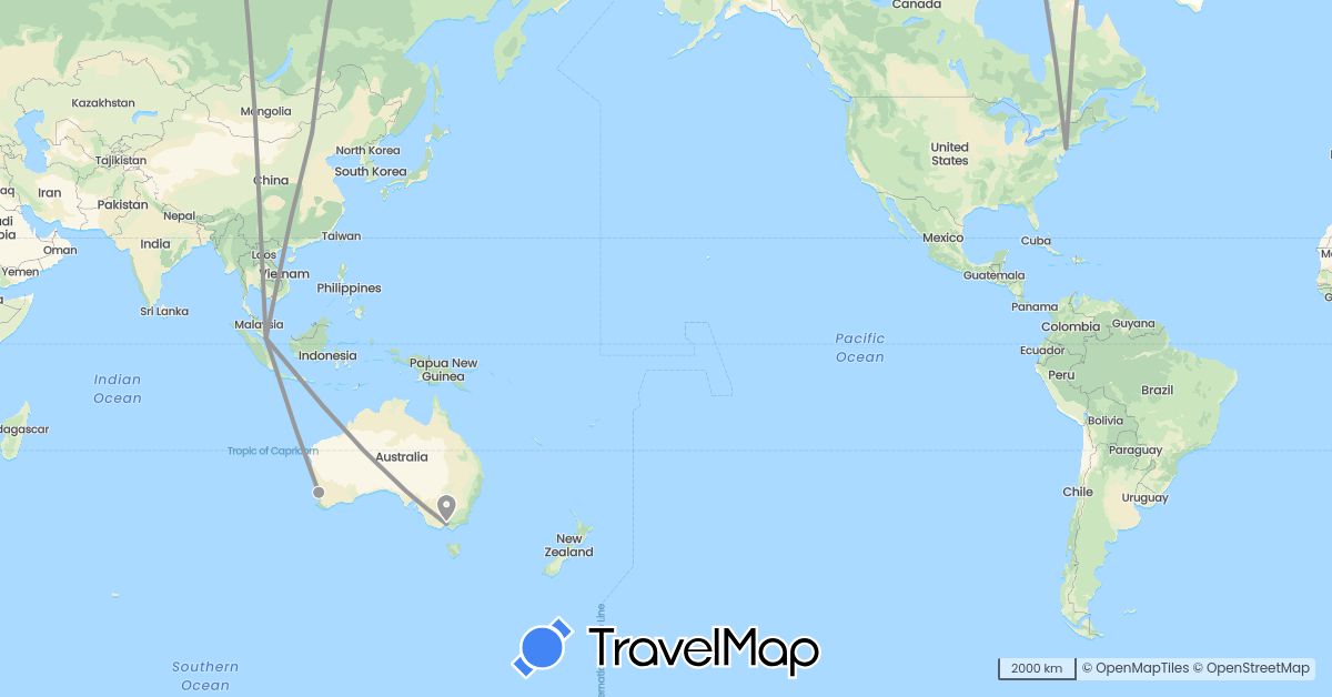 TravelMap itinerary: driving, plane in Australia, China, Singapore, United States (Asia, North America, Oceania)